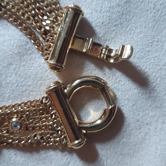 1990s NOLAN MILLER Bracelet Gold Tone 6 Strand,14 Bezel Set Rhinestones, Vintage - Picture 3 of 16